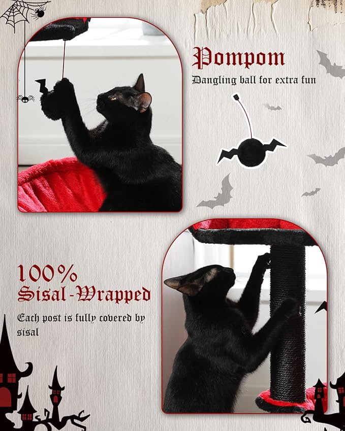 Gothic Cat Tree with Coffin Cat Bed, Spooky Cat Tree with Black Scratching Posts & Halloween Cat Tower & Large Hammock for Small Kittens, Cat Toy Black Bat Included