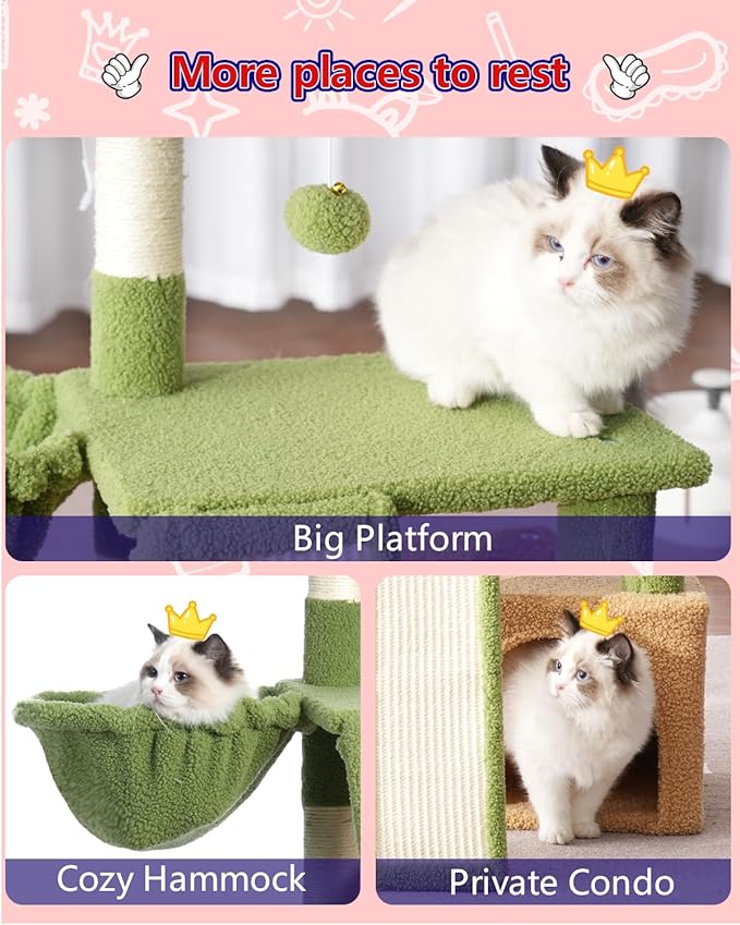 Cat Tree, Cat Tower with condo, Basket, Large Bed, Platform, Scratch Board, Cat Scratching Posts for Indoor Cats, Green and Yellow GCT002SGY