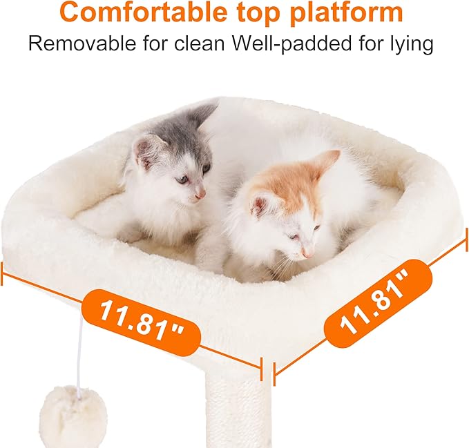 Heybly Cat Tree with Toy, Cat Tower condo for Indoor Cats, Cat House with Padded Plush Perch, Cozy Hammock and Sisal Scratching Posts, Beige HCT004SM