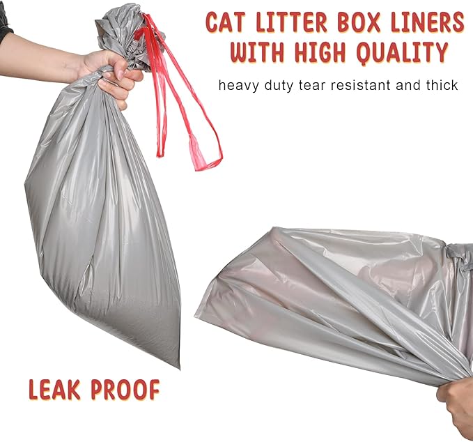 50 Count Jumbo Cat Litter Box Liners Large Drawstring Cat Litter Liners Unscented Tear Resistant Cat Litter Bags for Trash Waste to Keep Your Home Clean (Gray, Red,39 x 22 Inch)