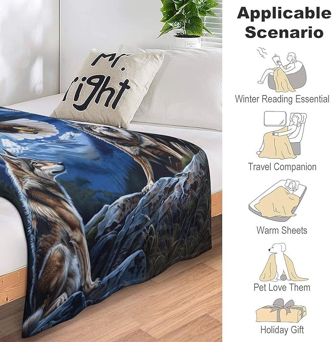Bald Eagle Wolf Throw Blanket Wild Animal Mountain Moon Night Wolves Print Blankets Gifts Couch Sofa Bed Stuff Decor Soft Cozy Lightweight Fleece Plush Flannel Bedding for Lover Men Women 50"x60"