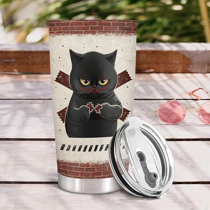 34HD Funny Black Cat Tumbler with Lid, 20 oz Stainless Steel Vacuum Insulated Pet Coffee Mug, Horror Cup, Cat Lover Gifts for Women Men Birthday Halloween Christmas