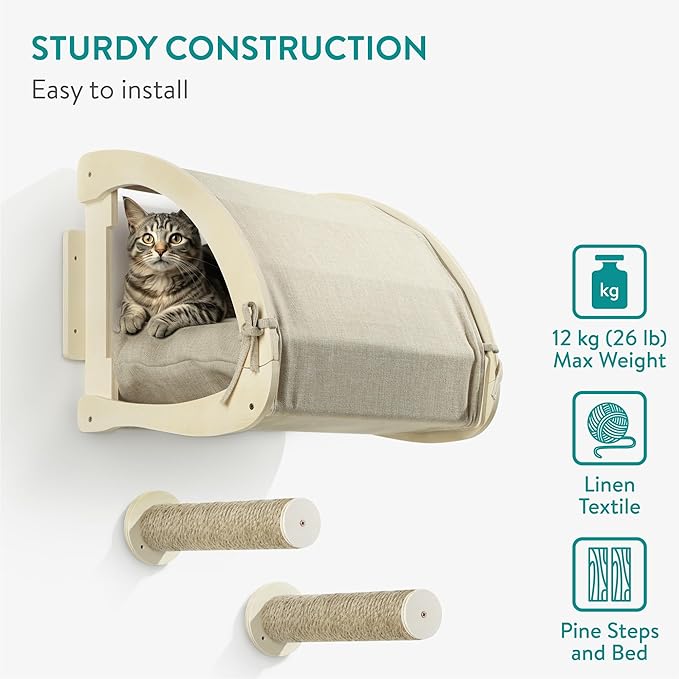 Navaris Cat Bed with Steps for Wall - Wall Cat Bed with Removable Cushion - Wall-Mounted Cat Hideout Made Out of Linen - Wall Cat Furniture