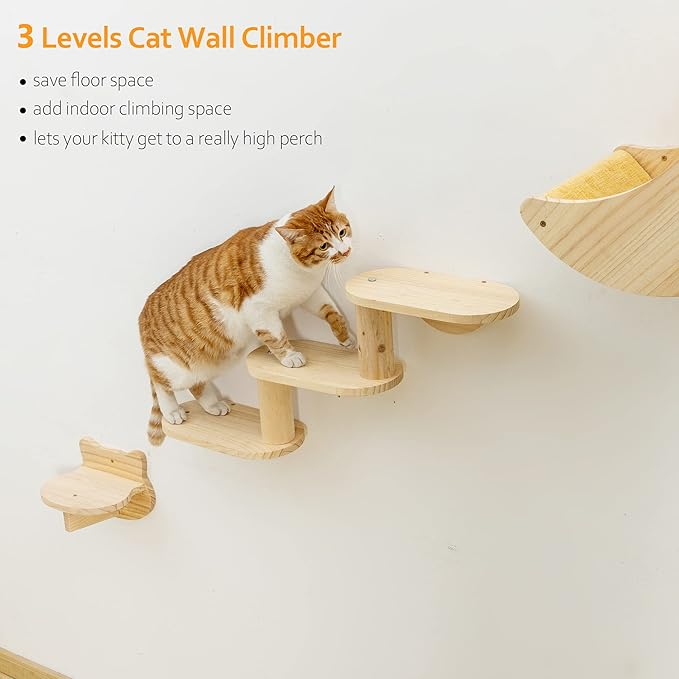 Cat Shelf for Wall Mount Hammock with 3-Levels Climbing Ladder and Shelves Moon Cats Wall Furniture for Activity Indoor Kitty (3-Levels Steps)