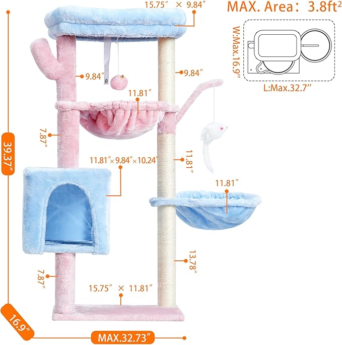 Heybly Cat Tree, 39.4 Inches Tower Condo with Scratching Post, Cat Tower for Indoor Cats, Fully Wrapped Sisal Pole, Soft Platform, 2 Baskets and Dangling Toy, Blue and Pink HCT006SBP