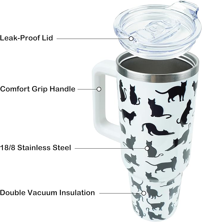 40 oz Tumbler with Handle and Straw, Stainless Steel Insulated Cup with Leak Proof Lid and Straw Lid, Keep Drinks Cold and Hot for Hours(Cat)