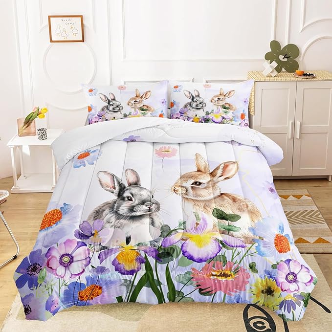 AILONEN Watercolor Rabbit Comforter Set Queen Size, Wild Flowers Rabbit Themed Microfiber Soft Bedding Set,3-Piece Tie Dye Rabbit Printed Home Decorative Comforter with 2 Pillowcases