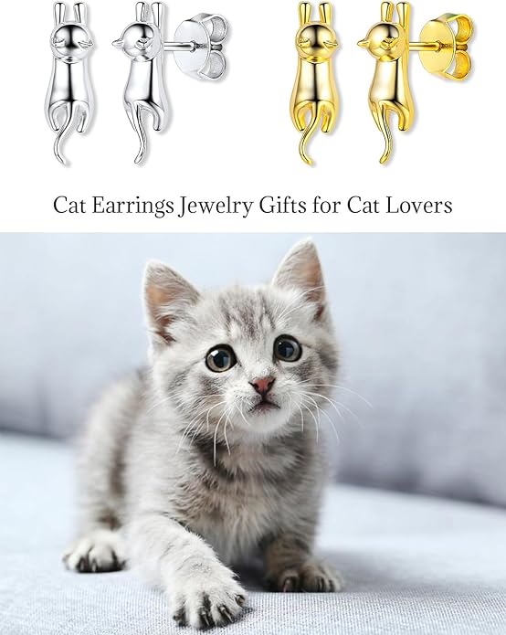 SILVERCUTE Cat Earrings for Women Girls 925 Sterling Silver Hypoallergenic Lovely Animal Stud Earrings Cat Lovers Gift