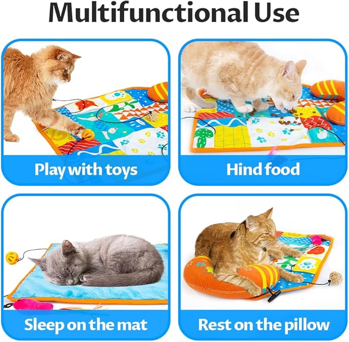 2-in-1 Cat Mat with Cat Pillow for Small Medium Large Cats,Cute Cat Catnip Toys,Soft Plush Crinkle Mat for Kitten Sleeping Snuffing Playing,Machine Washable Cat Play Mat Pet Cushion Pad Mat Cat Gifts