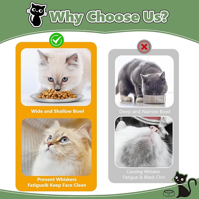 8PC Stainless Steel Cat Bowls Set - Whisker-Friendly Shallow Dishes for Indoor Cats, 6.7" Anti-Fatigue Food Bowl for Wet/Dry Food (13oz)