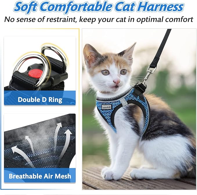 Cat Harness and Leash Set for Walking Escape Proof,Adjustable Soft Kittens Vest with Reflective Strip for Small Cats,Easy to Control