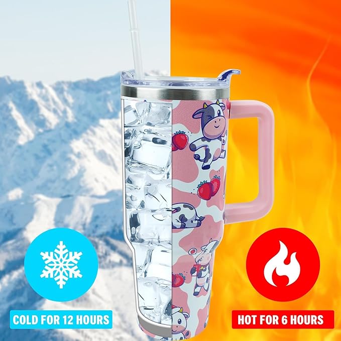 40 oz Tumbler with Handle and Straw, Stainless Steel Insulated Cup with Leak Proof Lid and Straw Lid, Keep Drinks Cold and Hot for Hours（Strawberry Cow）