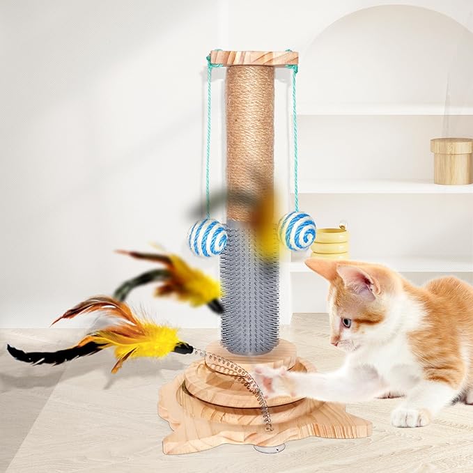 Cat Scratching Post, 6 in 1 Cat Scratcher for Indoor Cat, 18.11" Tall Cat Climbing Pole with Removable Cat Teaser, Interactive Cat Toy with Two Sisal Balls, Natural Sisal, Wood Base