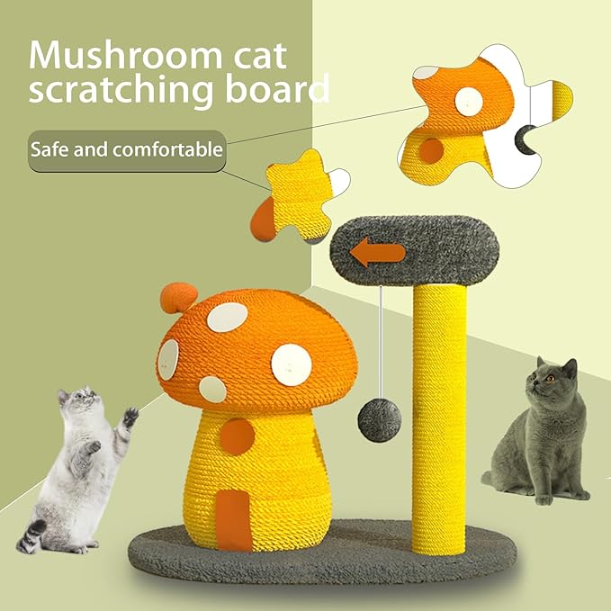 2-in-1 Cat Scratching Post, Mushroom Claw Scratcher Post for Indoor Cats, Natural Sisal Rope with Hanging Ball & Toys for Kittens to Satisfy Cats' Claw Instincts (T-b)