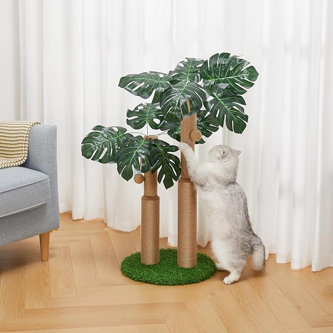 29.7inch Cat Scratching Post,Cat Scratcher Cat Tree with 2 Sisal Scratching Poles & 2 Interactive Dangling Balls,Cats Scratching Posts for Indoor Kitten & Adult Cats (2 Posts Monstera Tree)
