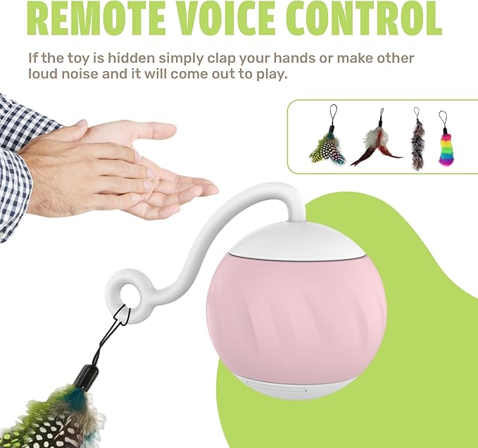 Auto Rolling Cat Ball Toy - Interactive Self Moving Automatic Cat Toy with Tail Feather Attachments - Slow & Fast Speed, LED Rainbow Lights, Sound & Touch Activated - USB-C Rechargeable