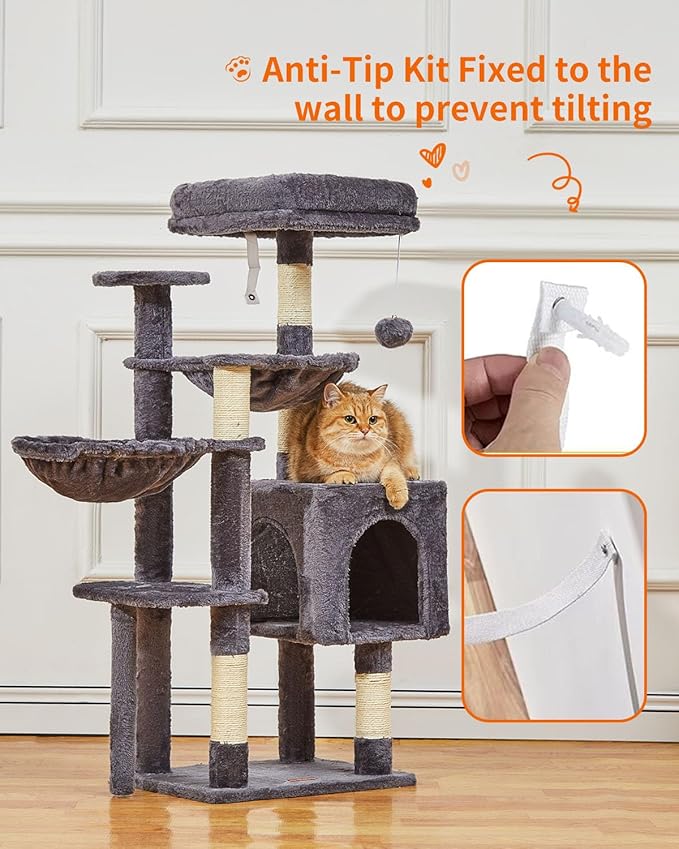 Taoqimiao Cat Tree, 39.4-Inch Cat Tower for Kittens, Cat Tree Tower with 5 Scratching Posts, Plush Cat Condo with Plush Perch, 2 Hammock, Pompoms, Smoky Gray MS019G