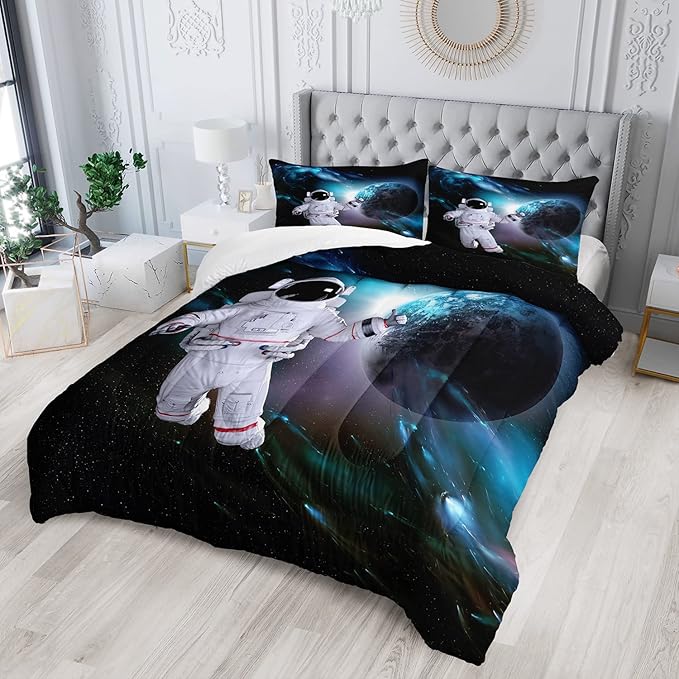 AILONEN Astronaut Comforter Set for Teens Boys Kids Girls, Space Astronaut Bedding Set Full Size,Outer Space Themed Quilted Duvet Bed Set,Planet Quilt,1 Comforter 2 Pillowcases 3 Piece