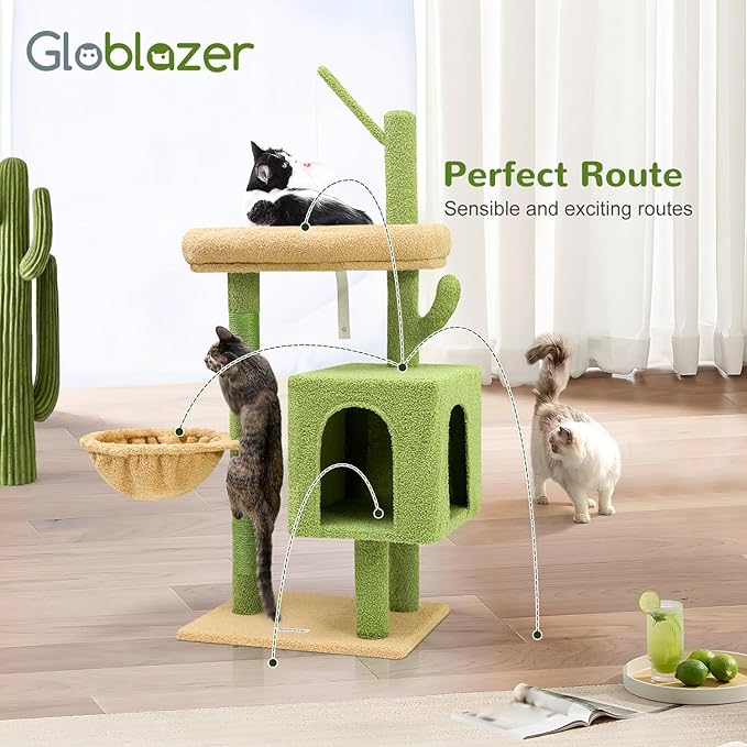 F46C Versatile Play Cactus Cat Tree Tower | 46-Inch Sturdy Cat Condo with Scratching Posts, Hammock, Multiple Platforms & Anti-Tip Kit for Large Multi-Cats | Premium Quality Materials, Green