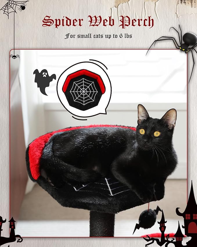 Gothic Cat Tree with Coffin Cat Bed, Spooky Cat Tree with Black Scratching Posts & Halloween Cat Tower & Large Hammock for Small Kittens, Cat Toy Black Bat Included