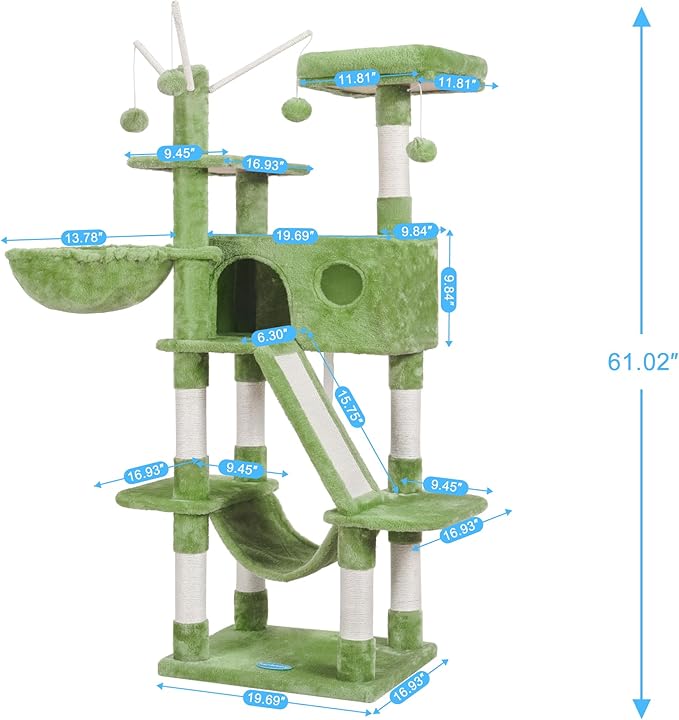 Hey-brother Cat Tree, 61 inch Cat Tower for Indoor Cats, Cat House with Padded Platform Bed, Toy Balls, Large Cozy Condo, Hammocks and Sisal Scratching Posts, Green MPJ019GR