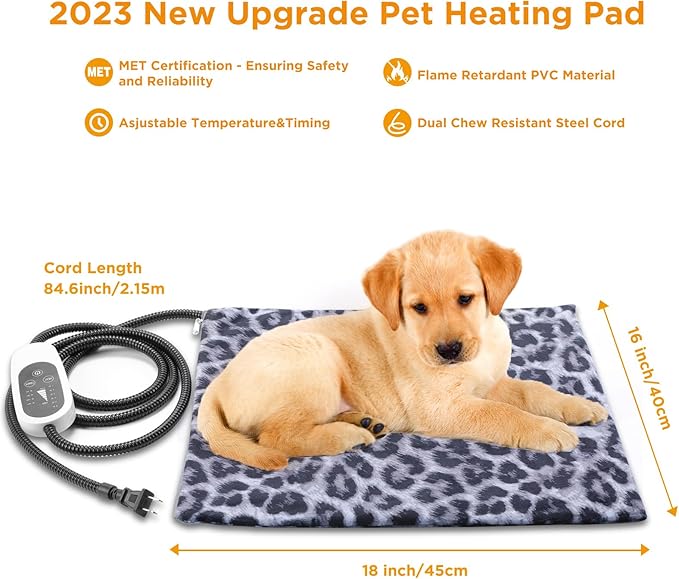 Tikaton MET Certified Pet Heating Pad, 2024 New Upgrade Heated Cat Bed Indoor with Auto Shut Off Timer, 6 Temperature Adjustable Pet Heating Pads (S: 18" x 16", BlackLeopard)