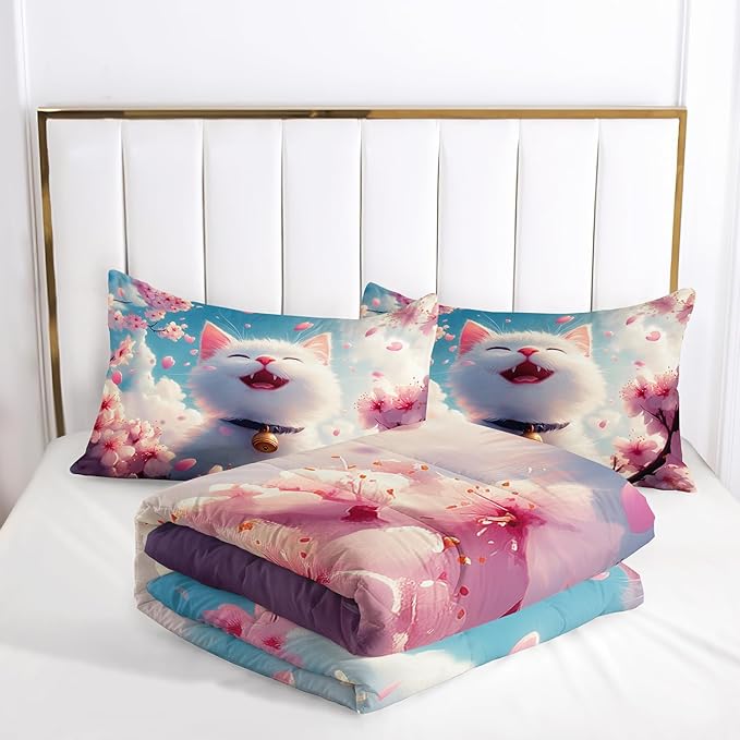 AILONEN Kids Kawaii Cat Bedding Set Twin Size,Girls Pink Flower Kitten Cat Comforter Set,Cute Pet Animal Printed Comforter with 2 Pillowcasess,3 Pieces