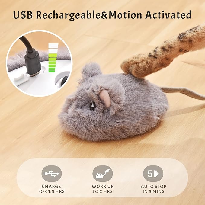 Automatic Cat Toy Cat Mouse Toy Moving Cat Toy with Furry Tail Boredom Busters Interactive Cat Toys for Indoor Cats Hunting Cat Mice Toys (Grey)