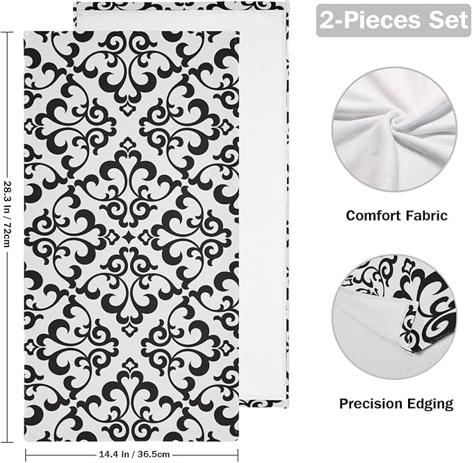 2 Pack White Black Boho Floral Hand Towels for Bathroom,Soft Absorbent Vintage Abstract Flower Modern Bath Hand Towels for Kitchen,Decorative Guest Bathroom Towels for Face,Shower,Gym 14"x28"