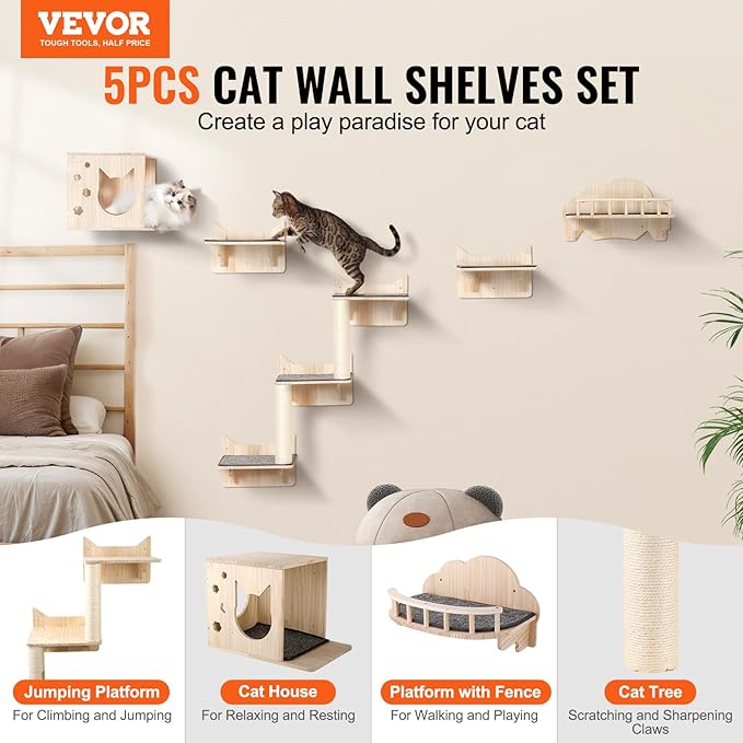 VEVOR Wall Mounted Cat Shelves, Cat Wall Shelves and Perches with Jumping Boards, Nest, Barrier Board & Cat Tree, Cat Floating Furniture up to 40 lbs for Sleeping, Playing, Climbing, Set of 5