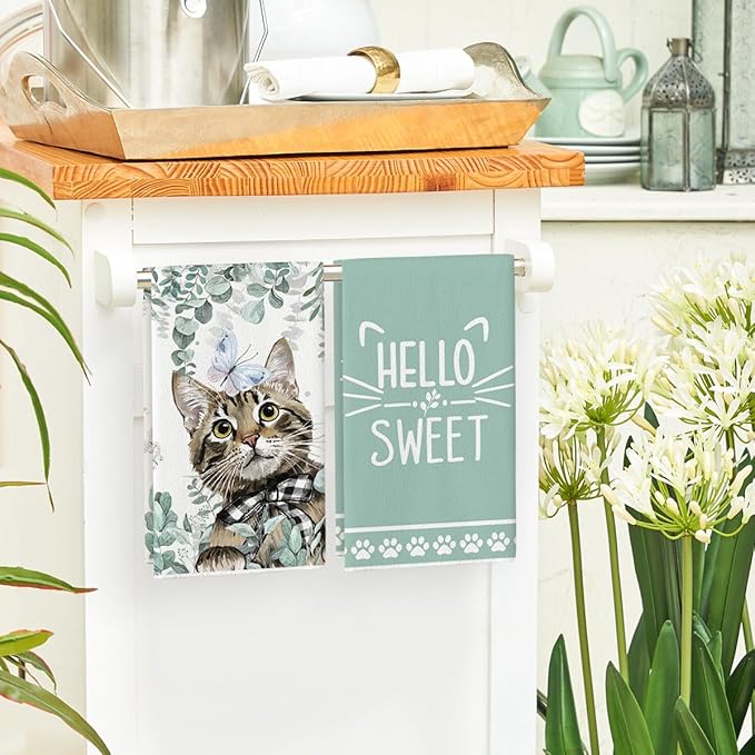 Artoid Mode Eucalyptus Leaves Cat Hello Sweet Kitchen Towels Dish Towels, 18x26 Inch Buffalo Plaid Bow Tie Holiday Decoration Hand Towels Set of 2