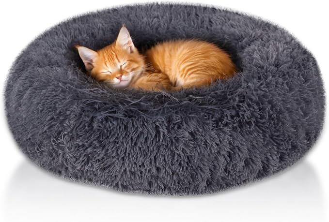 ShellKingdom Cat Beds for Indoor Cats, 24 inch Large Dog Bed for Small Medium Large Dogs, Cute Round Fluffy Plush Pet Bed for Puppy Kitten, Self Warming Calming Soft Donut Cat Bed, Grey