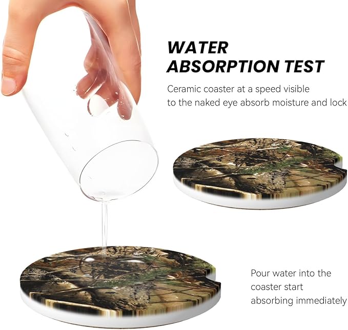 Absorbent Ceramic Car Coasters for Cup Holders, Camo Leaf Design 2.56" Anti Slip Universal Drink Cup Coasters for Women Men (2 Pack)