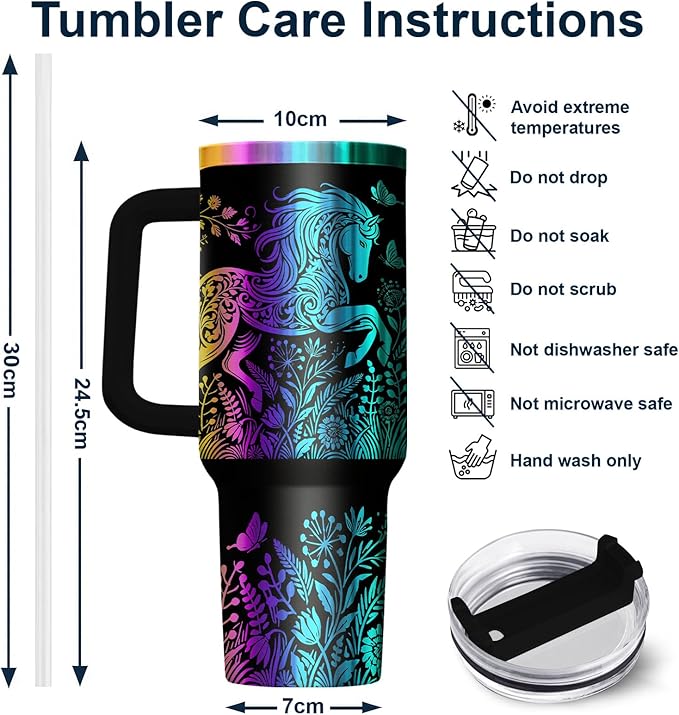 34HD Laser Engraved Horse Tumbler with Handle & Straw, 40oz Stainless Steel Double Wall Vacuum Insulated Cowgirl Travel Mug, Horse Lover Gifts for Girl Women Cowgirl Daughter