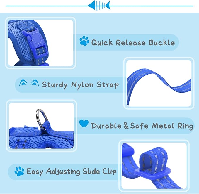 Supet Cat Harness and Leash Set for Small to Large Cats Adjustable Cat Vest Harness with Reflective Trim Universal Cat Leash and Harness for Cats/Puppies (Blue, Small (Chest: 13.7" - 15.7"))