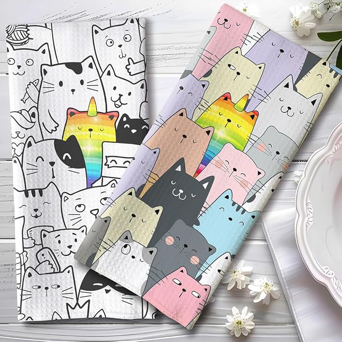 2-Pack Unicorn Rainbow Cat Kitchen Towels Set-Quick-Drying Decorative Dish Towels with Magical Animal Designs,Cute Hand Towels Featuring Special Kitty Symbolizing Unique Personality,Gifts for Cat Mom