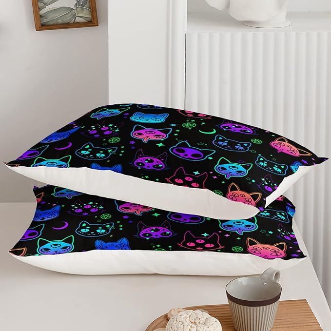 Axolotl Cat Comforter Set Queen,Kawaii Trippy Cat Moon Stars Bedding Set with 1 Comforter 2 Pillowcases for Kids Boys Girls Teens Adults Room Decor All Season,Colorful Neon Trippy Bed Set