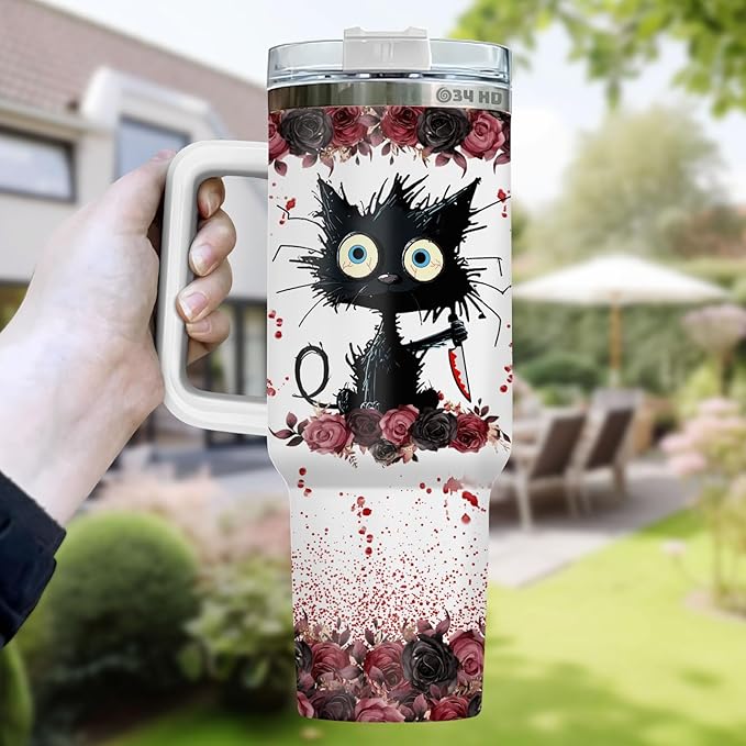 34HD Crazy Cat Tumbler with Lid & Straw, 40 oz Stainless Steel Vacuum Insulated Put You In The Trunk Mug, Funny Gifts for Cat Lover Women Men, Black Kitty Gifts for Birthday Halloween Christmas