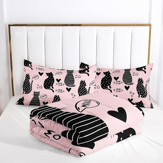AILONEN Black Cat Comforter Set Full Size,Pink and Black Soft Microfiber Kitted Bedding Set,3-Piece Cat Lover Bedroom Comforter with 2 Pillowcases