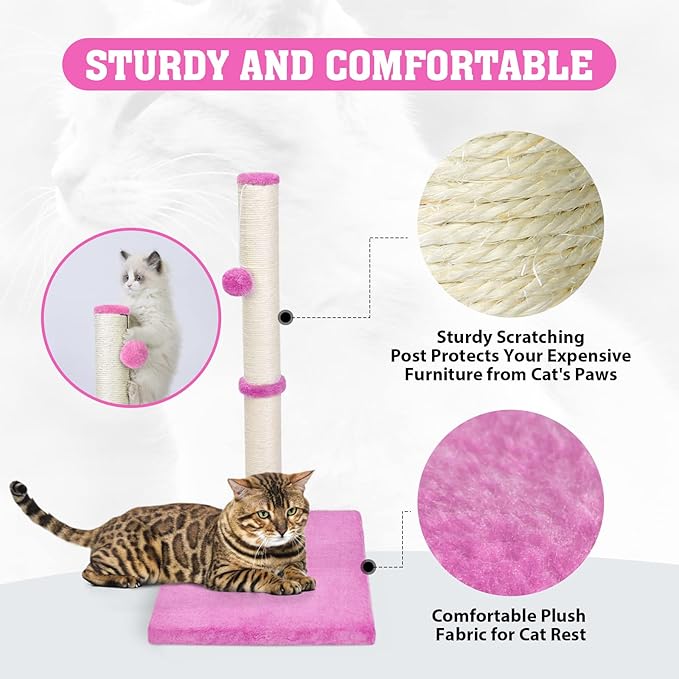 petellow 31'' Tall Cat Scratching Post - Cat Claw Scratcher with Hanging Ball - Scratching Posts for Indoor Large Cats - Durable Stable Cat Furniture with Sisal Rope - Cat Scratch Post - Pink