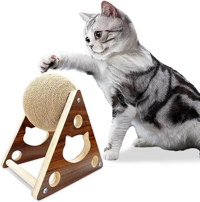 Cat Scratcher Toy,Natural Sisal Rope Cat Scratching Ball Scratcher Toy with Ball for Cats& Kittens&Dogs&Puppy, Interactive Solid Wood Scratcher Pet Toy (Small)