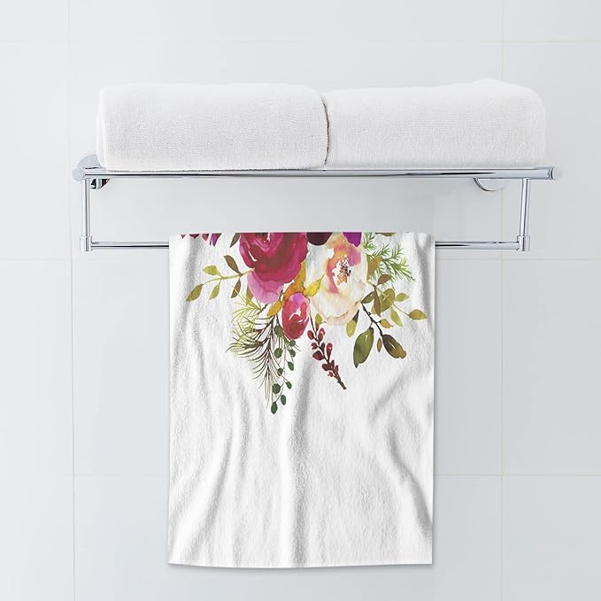 AOYEGO Floral Hand Towels Watercolor Boho Burgundy Red White Rose Flower Green Leaf Towel Highly Absorbent Soft Towel Kitchen Bath Decor for Women Men 15x30 Inch