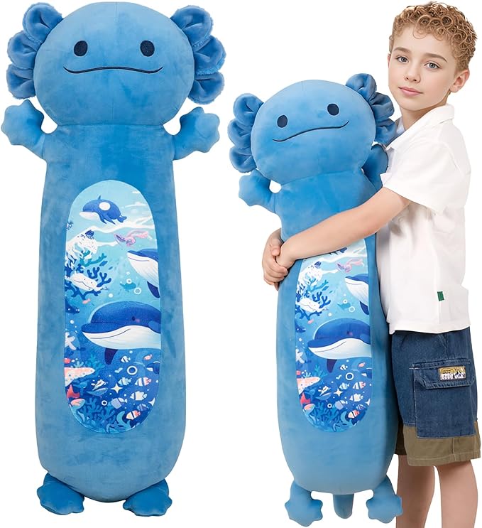 36 inch Long Axolotl Plush Body Pillow, Giant Cute Blue Ocean Axolotl Stuffed Animals, Big Salamander Squishy Soft Plushies Toy, Gifts for Kids Girls and Boys, Birthdays ﻿Easter