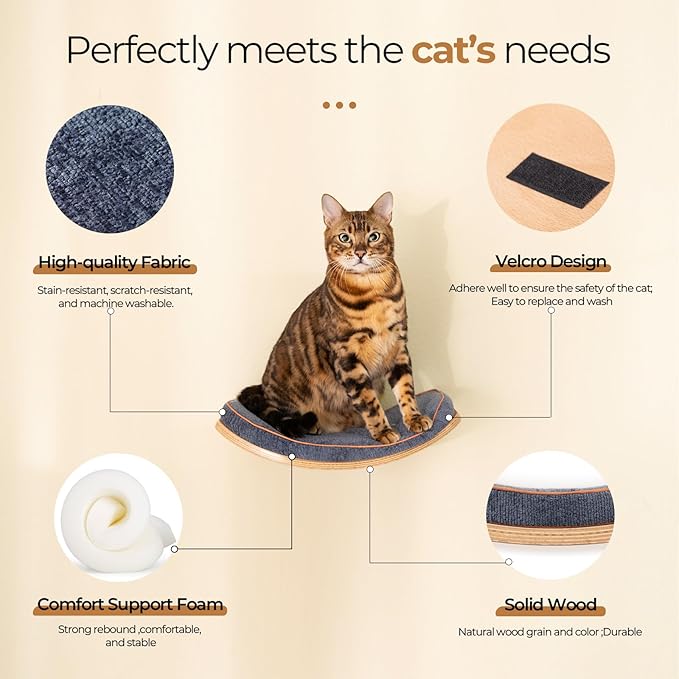 Cat Shelves, Cat Wall Steps and Perch, Cat nest, Wooden Floating Cat Climbing Furniture for Hopping and Sleeping, with Scratching Cushion（Perch）