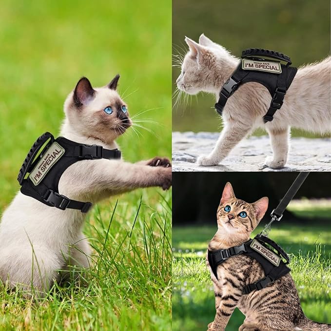 Tactical Cat Harness and Leash Soft Mesh Cat Outdoor Walking Vest Adjustable Large Cat Vest with Rubber Handle Easy to Control for Large Cat, Puppy, and Small Dog (Black)