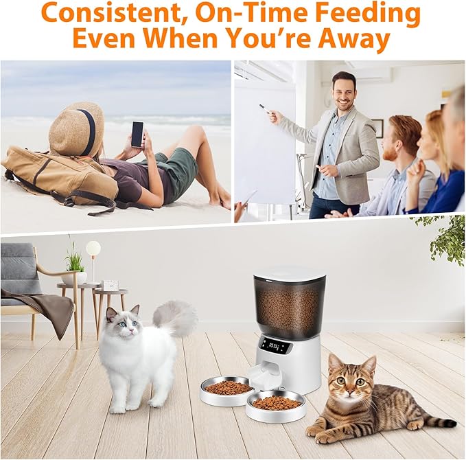 Automatic Cat Feeders for Two Cats, 5L/20 Cups Double Automatic Cat Food Dispenser with 2 Stainless Bowls, Timer Setting 20 Portions 6 Meals Per Day, 10s Meal Call, Pet Feeder for Cat
