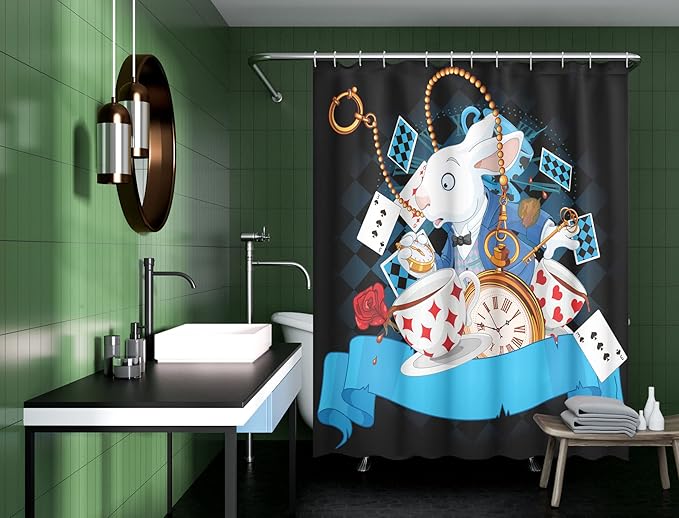 Ambesonne Alice in Wonderland Shower Curtain, Rabbit Motion Cups Hearts and Flower Character Alice Cartoon Style, Cloth Fabric Bathroom Decor Set with Hooks, 69" W x 84" L, Dark Blue Charcoal Grey