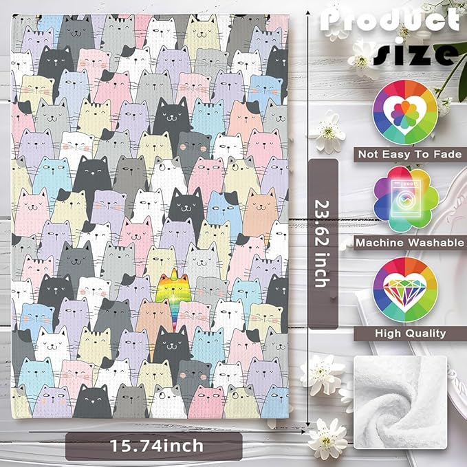 2-Pack Unicorn Rainbow Cat Kitchen Towels Set-Quick-Drying Decorative Dish Towels with Magical Animal Designs,Cute Hand Towels Featuring Special Kitty Symbolizing Unique Personality,Gifts for Cat Mom