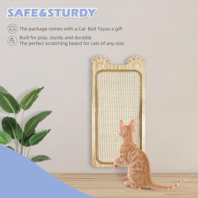Wall Mounted Cat Scratcher, Cat Wall Scratching Post, Sisal Cat Wall Scratcher with Cat Ball Toy, Wood Cat Scratching Board for Indoor, Cat Wall Furniture Scratch, Cat Wall Scratcher