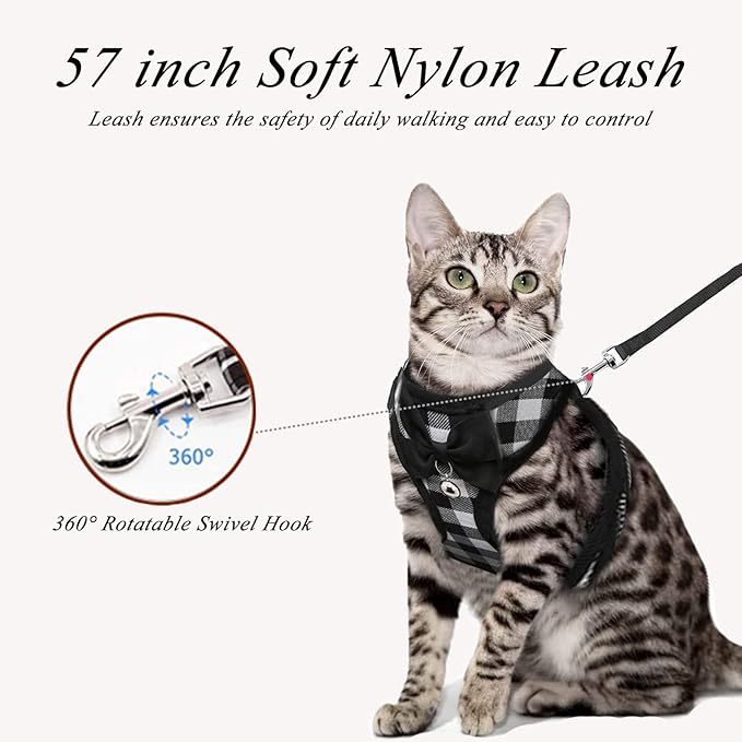 Cat Leashes and Harnesses for Walking,Breathable Soft Kittens Vest for Cats Dogs, Kitten Harness Escape Proof with Bell and Bow-Knot Decoration Christmas(XXS, Black-White)